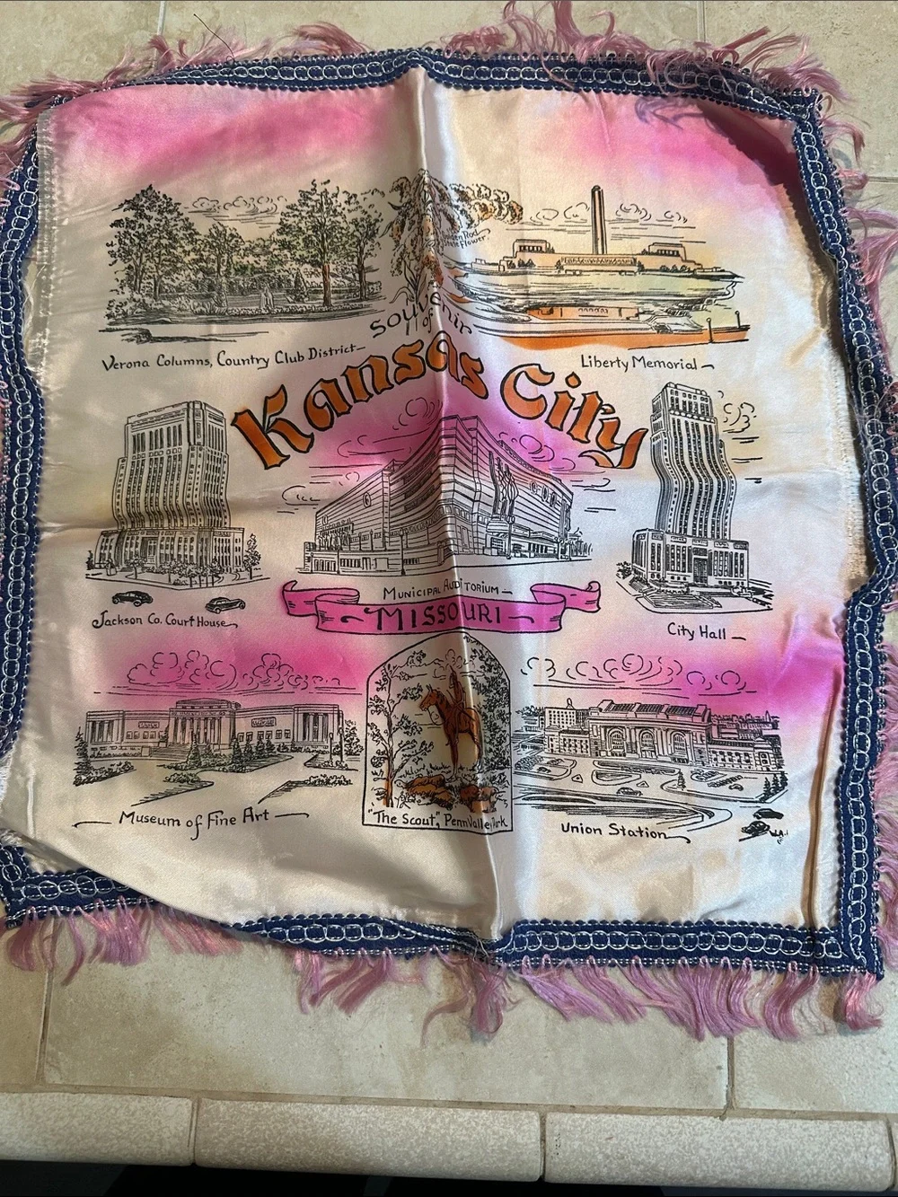 Vintage Scenic Souvenir Silk Scarves - Pink, Cream & Black Prints.